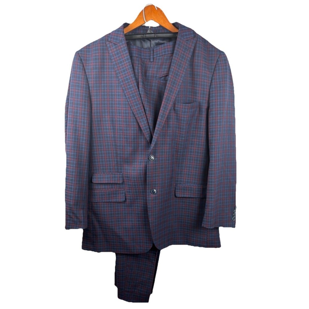 Alain Dupetit Mens two Piece Suit 48L 40x30 Blue Red Plaid formalwear